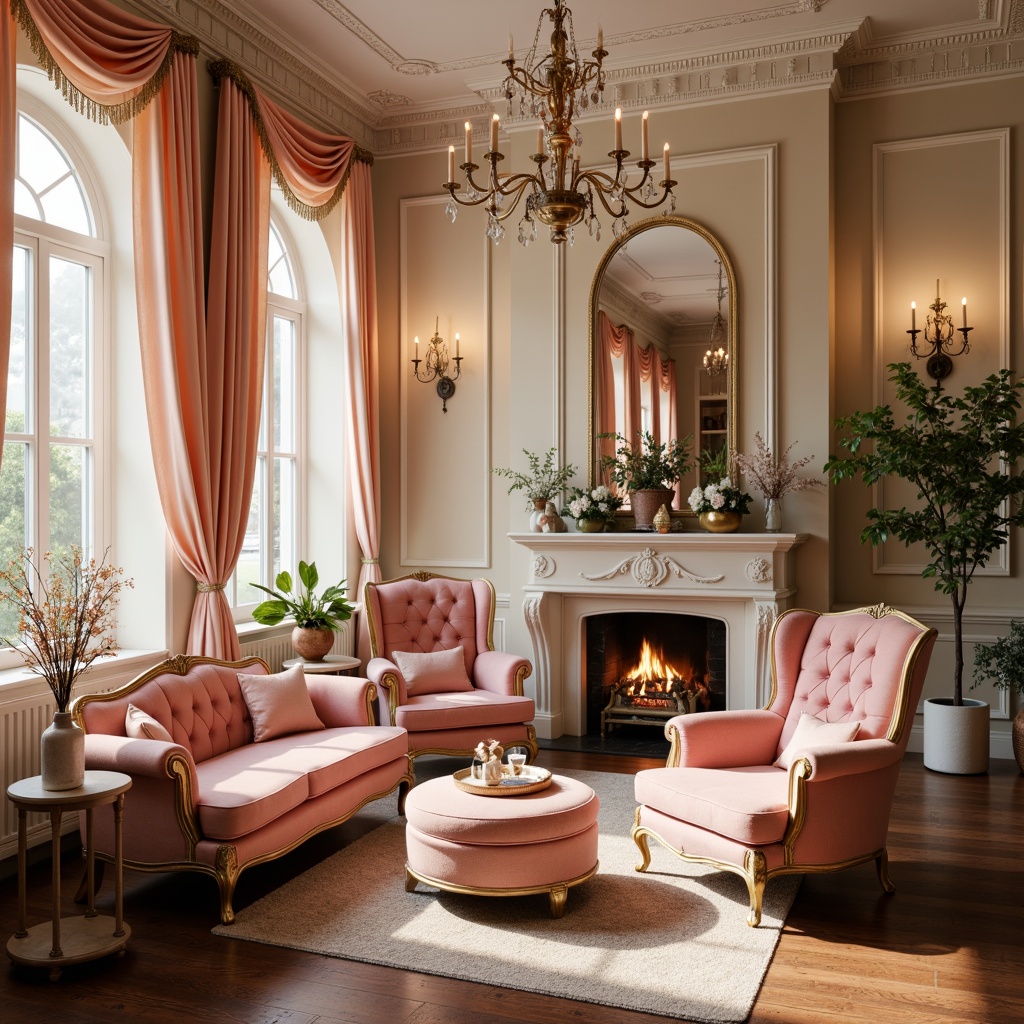 Prompt: Soft pink rose hues, elegant velvet fabrics, luxurious golden accents, ornate Victorian furniture, delicate lace details, warm beige walls, rich wood flooring, opulent crystal chandeliers, romantic candlelight, intimate cozy atmosphere, subtle feminine touches, natural botanical elements, fresh flower arrangements, pastel color palette, soft focus, 1/1 composition, warm warm lighting.