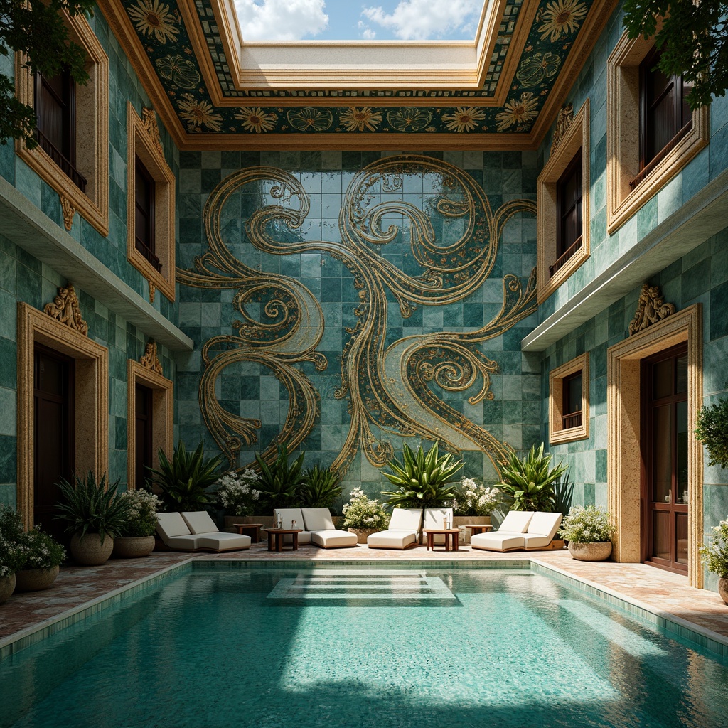 Prompt: Intricate tile patterns, swirling shapes, organic forms, iridescent glazes, shimmering blues, emerald greens, golden accents, ornate borders, floral motifs, flowing curves, mosaic compositions, natural stone textures, ceramic materials, hand-painted details, Art Nouveau inspirations, elegant arches, luxurious ambiance, warm sunlight, rippling water effects, subtle shading, high-contrast lighting, dramatic reflections, symmetrical arrangements, focal point designs.