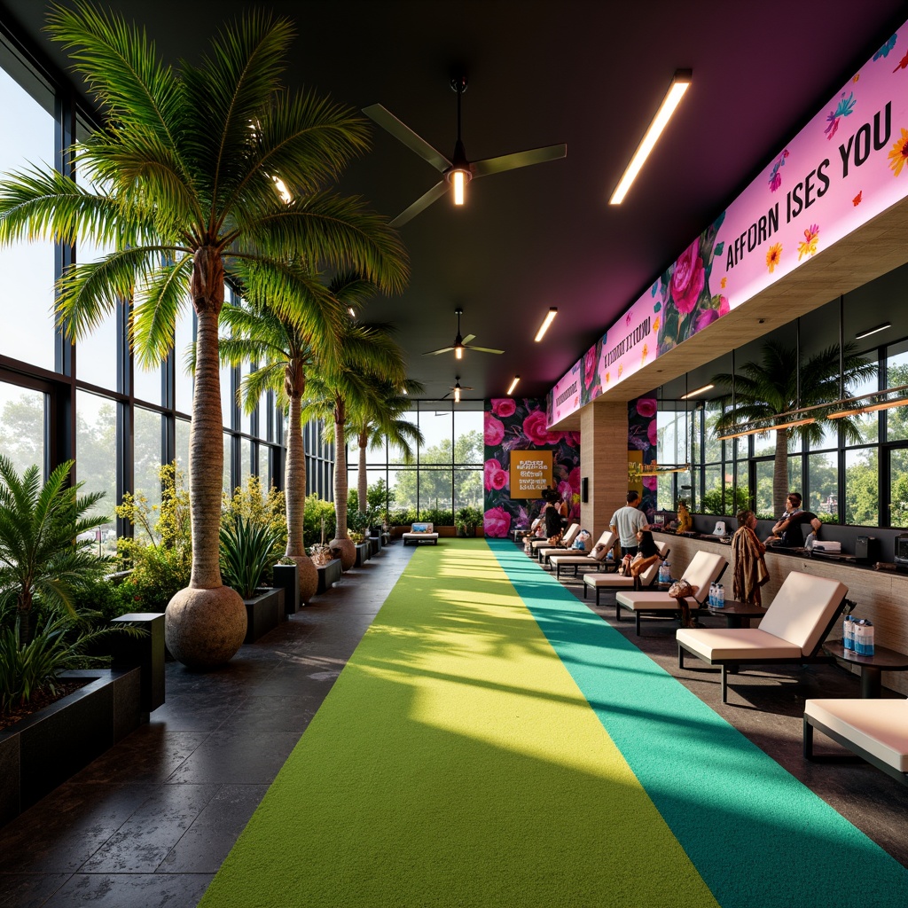 Prompt: Vibrant tropical gym interior, exotic palm trees, colorful floral patterns, modern fitness equipment, sleek metal frames, bright neon lights, energetic atmosphere, dynamic sound systems, motivational quotes, refreshing coconut water stations, invigorating essential oil diffusers, plush green carpets, natural stone accents, panoramic mirrors, overhead ceiling fans, warm sunny lighting, shallow depth of field, 3/4 composition, realistic textures, ambient occlusion.