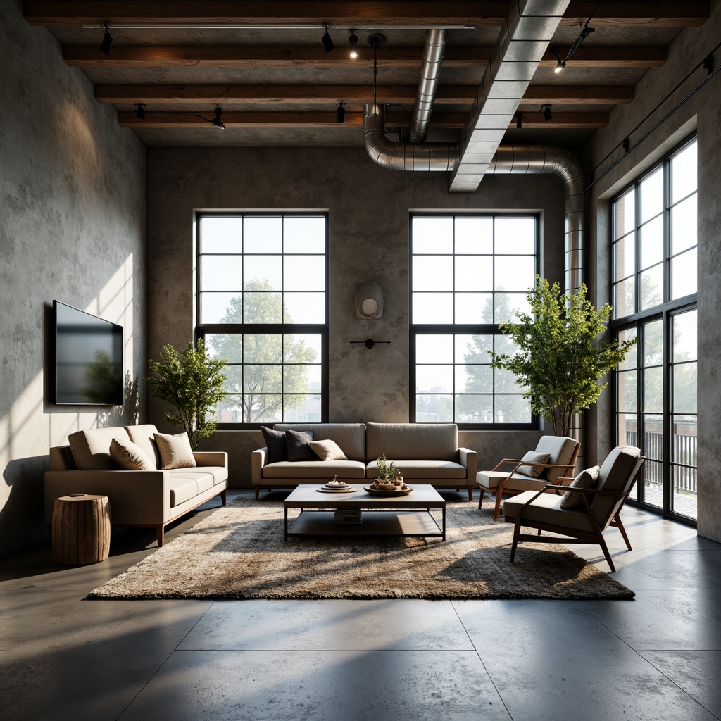 Prompt: Modern living room, sleek lines, polished concrete floors, industrial chic, exposed ductwork, minimalist decor, neutral color palette, natural light pouring in, floor-to-ceiling windows, urban loft atmosphere, reclaimed wood accents, metallic tones, geometric patterns, LED lighting, ambient glow, shallow depth of field, 3/4 composition.