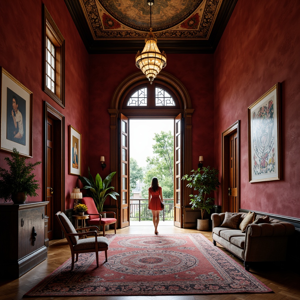 Prompt: Grand entrance, eclectic style, maroon walls, ornate doorways, golden hardware, intricate patterns, rich textiles, luxurious furnishings, lavish chandeliers, dramatic lighting, high ceilings, arched windows, rustic wooden doors, vintage decorations, bold color accents, statement furniture pieces, abstract artwork, moody ambiance, warm atmosphere, shallow depth of field, 1/1 composition, realistic textures.