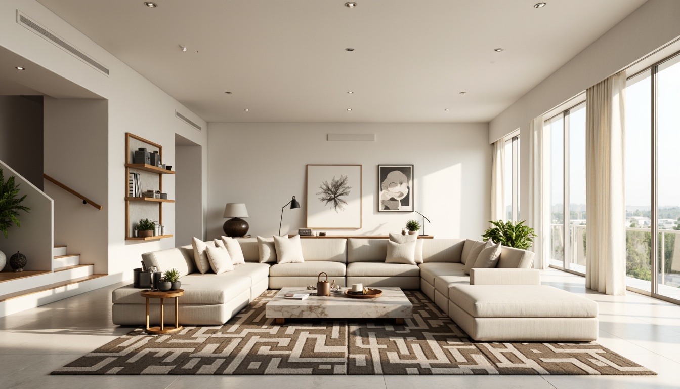 Prompt: Minimalist living room, sleek low-profile furniture, creamy white walls, polished chrome accents, geometric patterned rugs, floor-to-ceiling windows, natural light pouring in, soft warm glow, 1/1 composition, shallow depth of field, modern minimalist decor, streamlined silhouettes, monochromatic color scheme, luxurious textiles, velvet sofas, marble coffee tables, abstract artwork, atmospheric lighting, subtle shadows.