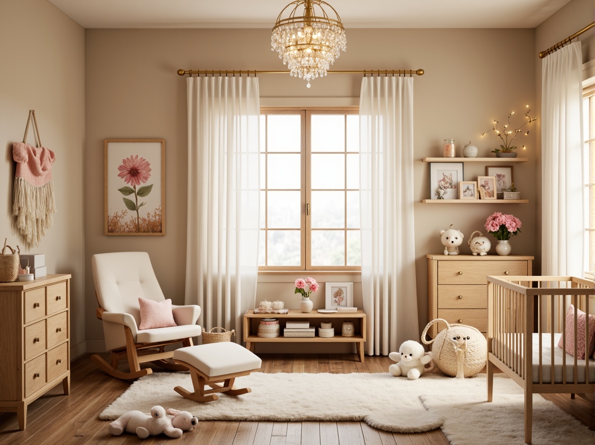 Prompt: Whimsical nursery, soft pastel colors, delicate florals, creamy whites, gentle glow, modern pendant lamps, spherical shades, crystal drops, elegant chandeliers, warm beige walls, plush area rugs, comfortable gliders, natural wood cribs, adorable stuffed animals, cozy reading nooks, subtle string lights, warm golden lighting, shallow depth of field, 1/1 composition, intimate atmosphere, realistic textures.