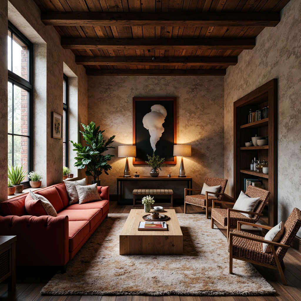 Prompt: Richly upholstered furniture, velvety soft couches, natural wood grain coffee tables, woven wicker chairs, plush area rugs, distressed stone walls, exposed brick accents, industrial metal beams, reclaimed wooden floors, earthy tone color palette, warm ambient lighting, cozy intimate atmosphere, 1/2 composition, shallow depth of field, realistic textures, subtle shadowing.