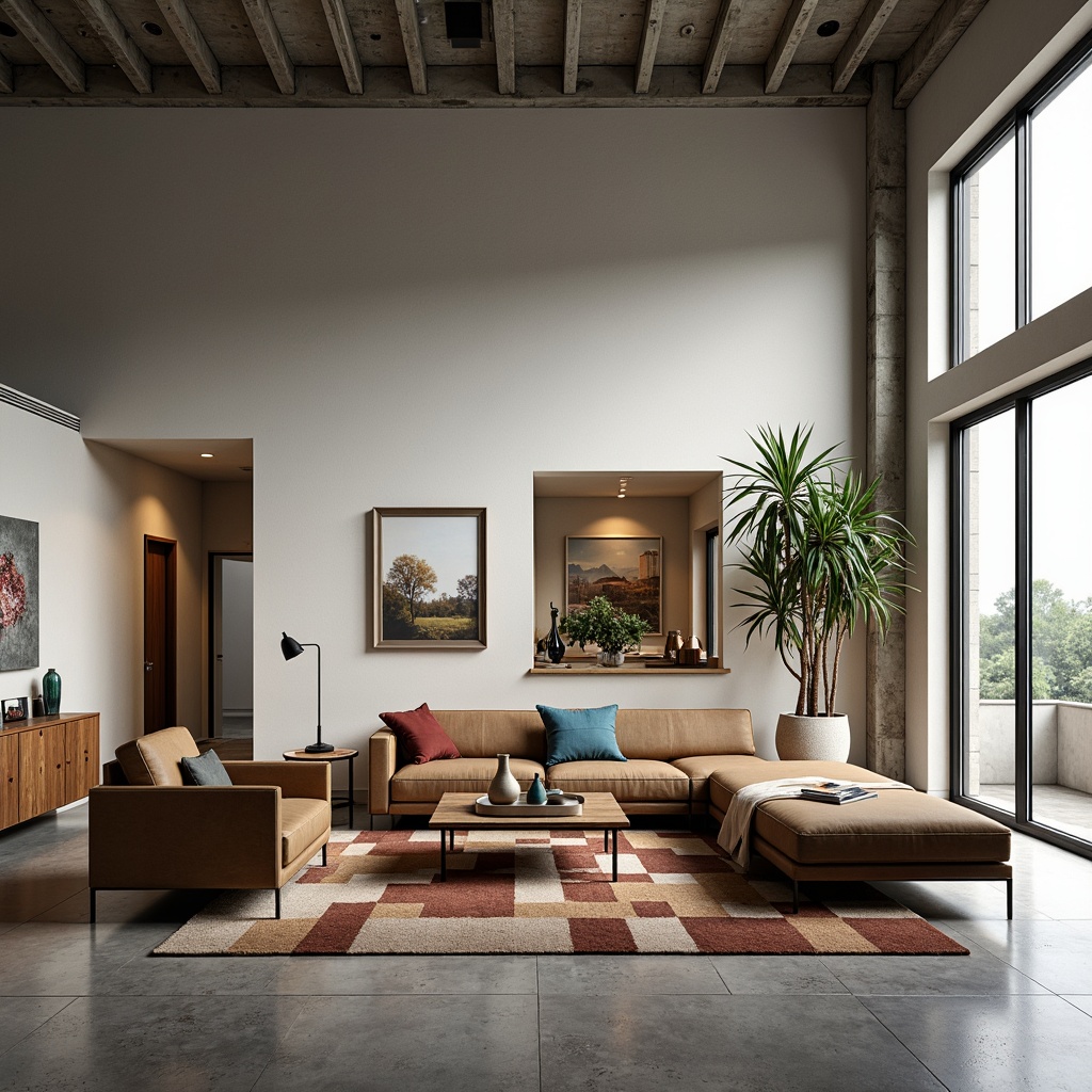 Prompt: Minimalist living room, rectangular furniture, primary color scheme, steel and leather accents, geometric patterns, functional decor, open floor plan, natural light pouring in, industrial-style windows, polished concrete floors, angular lines, clean minimalist aesthetic, modern artwork, sparse greenery, warm task lighting, shallow depth of field, 1/1 composition, realistic textures, ambient occlusion.