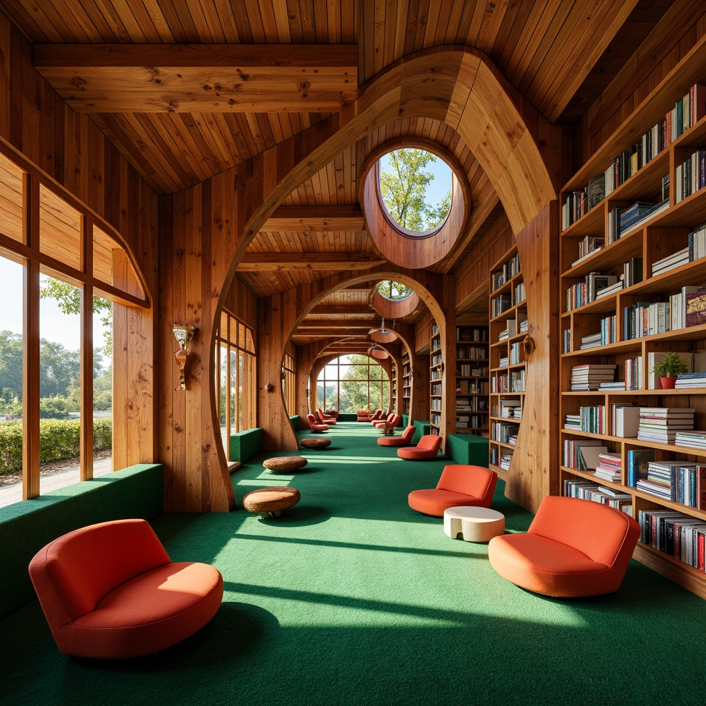 Prompt: Vibrant library interior, rich wood accents, reclaimed wooden shelves, plush green carpets, cozy reading nooks, whimsical expressionist architecture, undulating lines, curved shapes, futuristic lamps, sustainable materials, recycled paper walls, low-VOC paints, natural fiber textiles, energy-efficient lighting, soft warm glow, dramatic shadows, 1/2 composition, intimate atmosphere, rustic wooden furniture, eclectic artwork displays, vintage book collections, comfortable seating areas, peaceful ambiance.