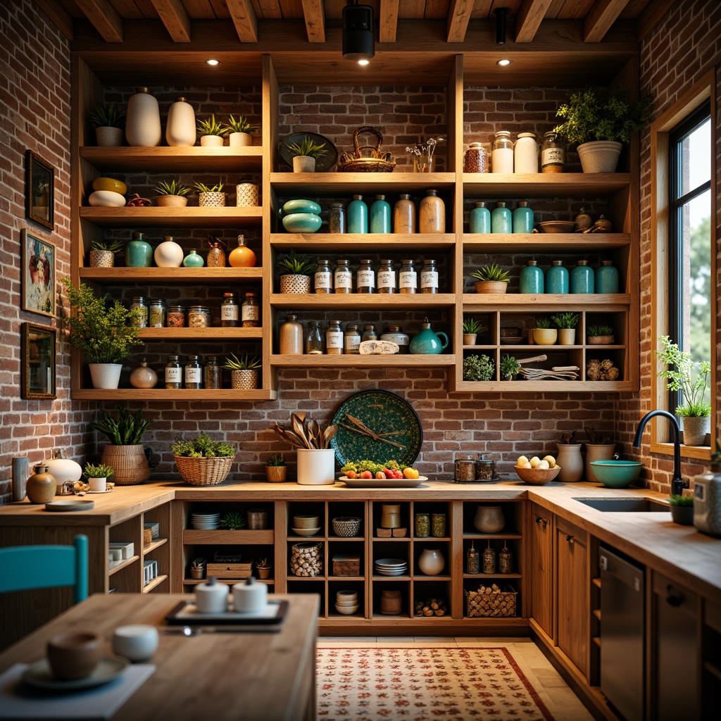 Prompt: Cozy pantry, warm wooden shelves, rustic brick walls, earthy ceramic jars, vibrant turquoise accents, bold yellow labels, rich brown countertops, soft golden lighting, shallow depth of field, 1/1 composition, realistic textures, ambient occlusion, lively kitchen utensils, colorful spice racks, woven baskets, natural stone flooring, playful polka-dot patterns.