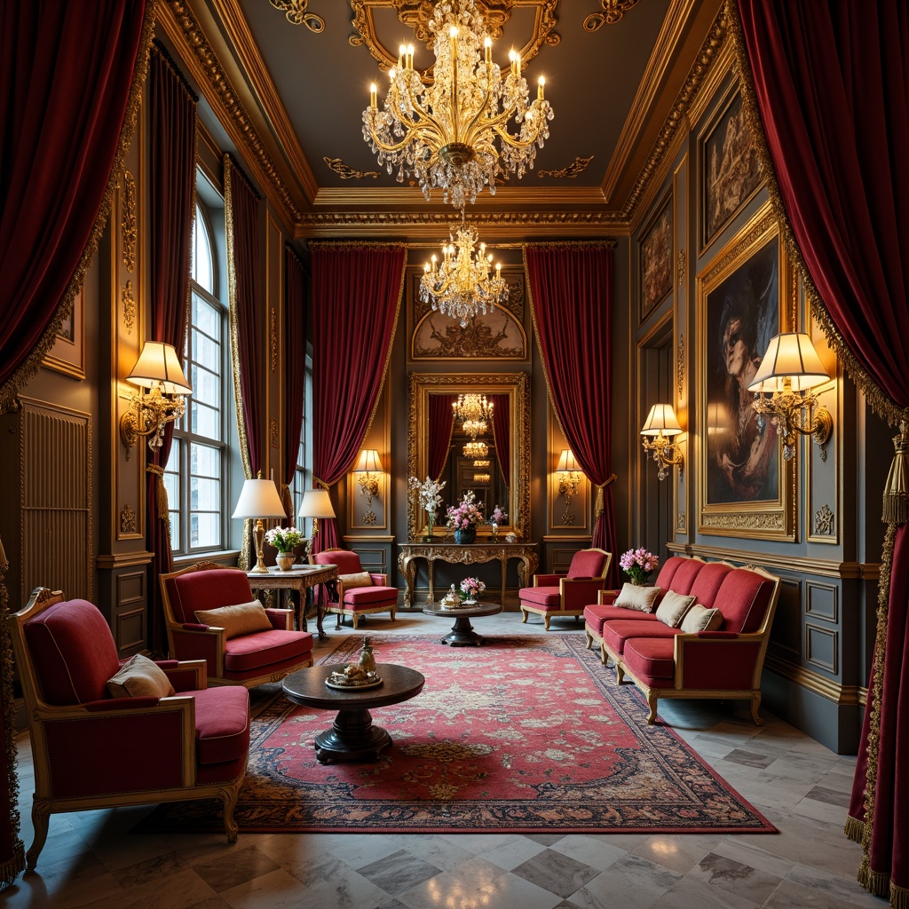 Prompt: Luxurious interior space, ornate furnishings, rich velvet fabrics, golden accents, crystal chandeliers, marble floors, intricate moldings, lavish drapery, plush area rugs, elegant vases, ornamental mirrors, subtle warm lighting, soft focus photography, 1/2 composition, atmospheric perspective, realistic reflections.