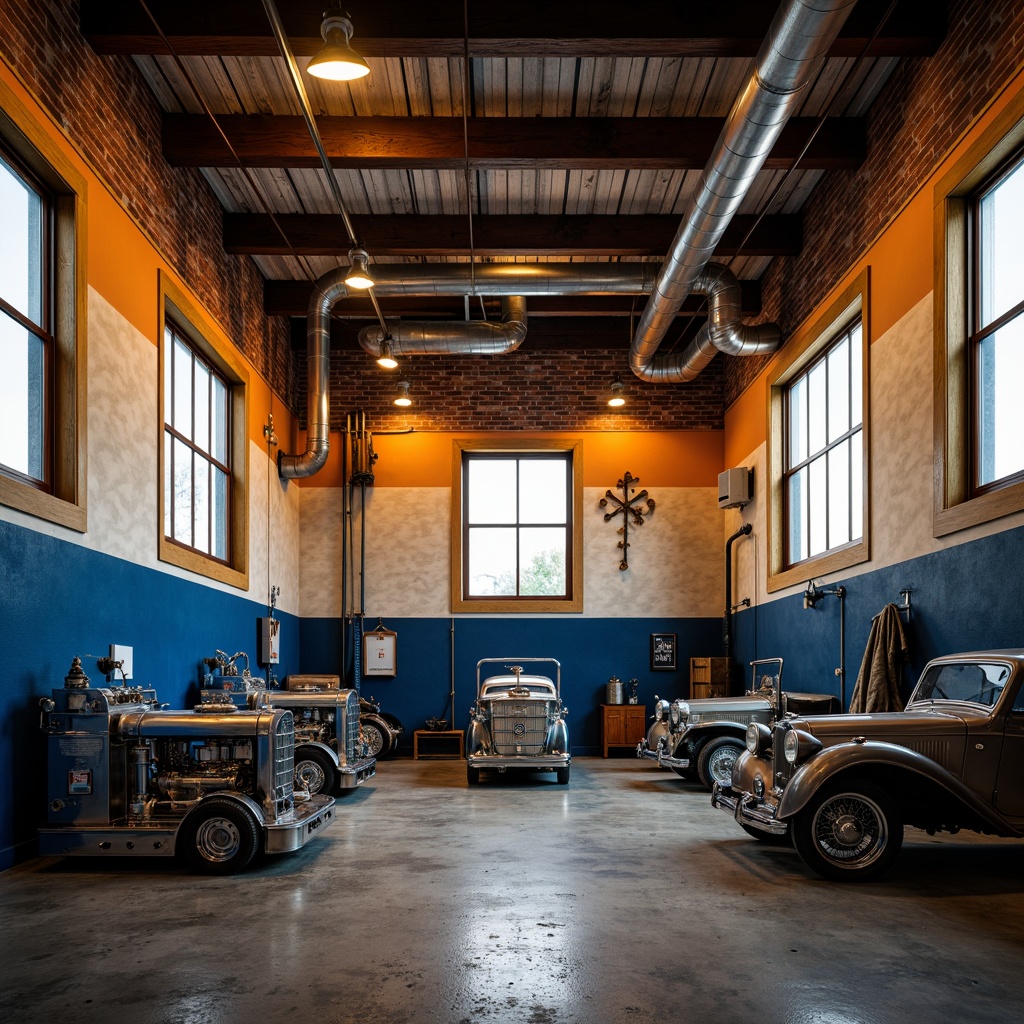 Prompt: Industrial garage interior, metallic machinery, bold color scheme, rich wood accents, warm beige walls, deep blue tones, vibrant orange highlights, polished chrome fixtures, industrial-style lighting, exposed ductwork, concrete floors, urban loft ambiance, dramatic shadows, high-contrast composition, realistic textures, atmospheric rendering.