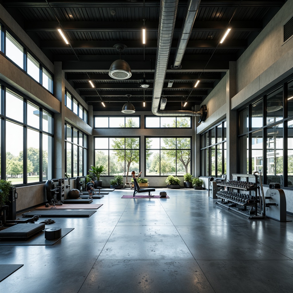 Prompt: Modern gym interior, high ceilings, large windows, natural ventilation, mechanical ductwork, air conditioning systems, dehumidification units, fresh air intakes, exhaust fans, ceiling-mounted vents, wall-mounted grilles, floor-standing air purifiers, industrial-style metal beams, polished concrete floors, mirrored walls, LED lighting, sports equipment, exercise machines, free weights, yoga mats, calm atmosphere, soft indirect lighting, shallow depth of field, 1/2 composition, realistic textures, ambient occlusion.