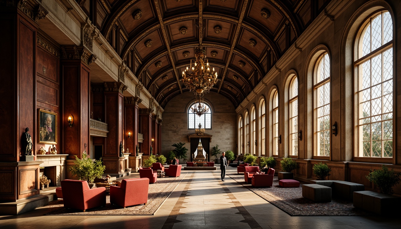 Prompt: Grand cathedral-style university hall, ornate stone carvings, vaulted ceilings, stained glass windows, warm golden lighting, rich wooden paneling, intricate Gothic arches, mysterious alcoves, rustic stone floors, cozy fireplaces, plush velvet furnishings, majestic chandeliers, dramatic shadows, soft diffused light, 1/1 composition, intimate atmosphere, realistic textures.