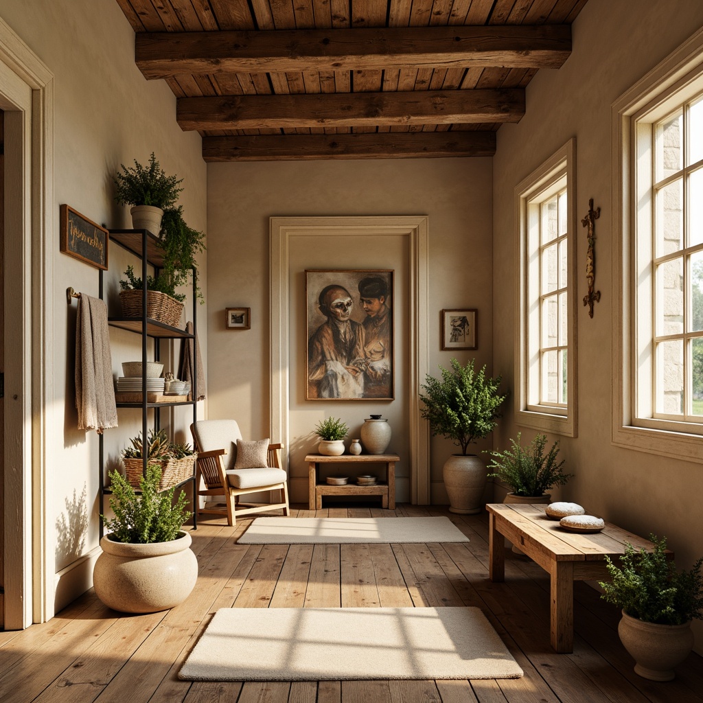 Prompt: Rustic farmhouse interior, earthy tones, warm beige walls, distressed wood accents, vintage metal decor, natural textiles, woven baskets, soft linen fabrics, muted greenery, aged wooden beams, creamy white trim, warm golden lighting, cozy atmosphere, shallow depth of field, 1/1 composition, realistic wood textures, ambient occlusion.