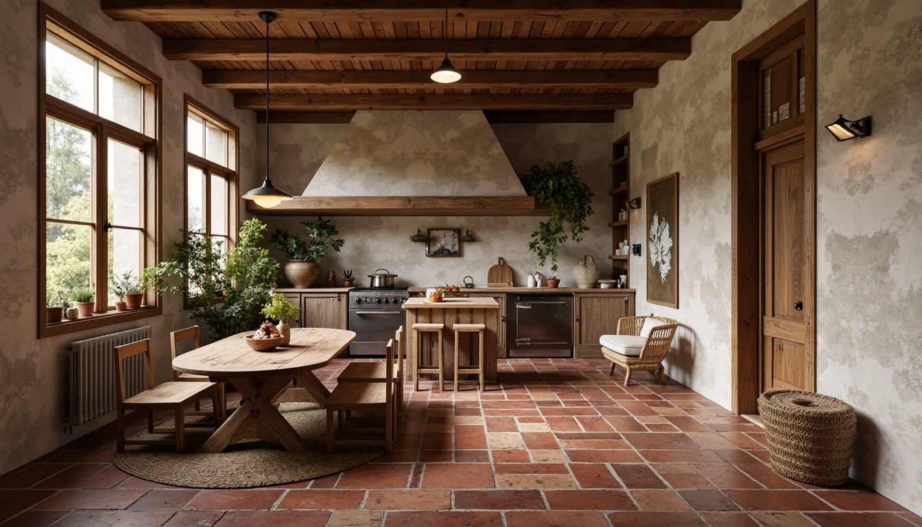 Prompt: Rustic farmhouse, natural stone walls, earthy tone tiles, ceramic brick patterns, distressed wooden accents, vintage metal decorations, soft warm lighting, cozy atmosphere, nature-inspired colors, botanical prints, woven textiles, organic shapes, handmade ceramics, earthy red hues, weathered wood floors, country-style decor, natural materials, classic rural charm.