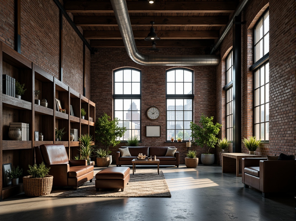 Prompt: Industrial warehouse, exposed brick walls, metal accents, rustic wooden beams, polished concrete floors, sleek steel columns, reclaimed wood shelves, industrial-style lighting fixtures, metal mesh panels, distressed leather furniture, urban cityscape, gritty textures, dramatic shadows, high-contrast lighting, 1-point perspective composition, cinematic mood, realistic reflections.