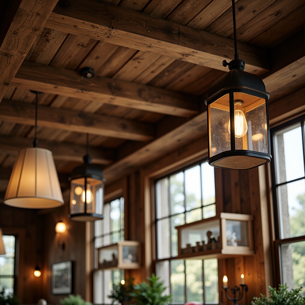 Prompt: Rustic farmhouse interior, distressed wood beams, vintage metal lanterns, soft warm glow, pendant lighting, exposed bulbs, industrial-chic fixtures, natural linen shades, country-style chandeliers, wooden candlesticks, earthy color palette, cozy ambiance, afternoon sunlight, soft shadows, 1/1 composition, realistic textures, ambient occlusion.