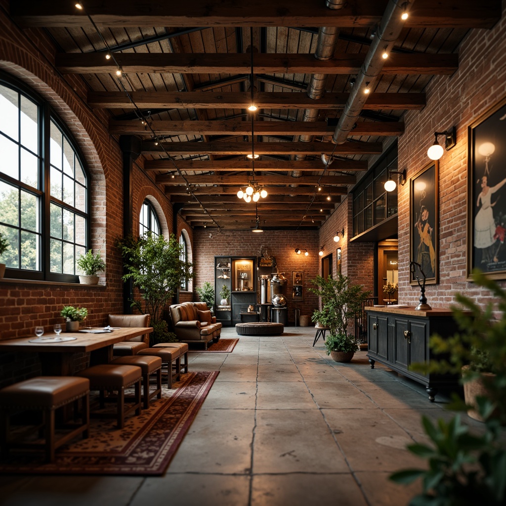 Prompt: Rustic factory setting, exposed wooden beams, industrial metal trusses, reclaimed wood accents, vintage machinery, distressed brick walls, earthy color palette, natural stone flooring, cozy warm lighting, shallow depth of field, 2/3 composition, cinematic view, realistic textures, ambient occlusion, eclectic decorative elements, antique furniture pieces, rich leather upholstery, ornate metal fixtures, nostalgic memorabilia displays.