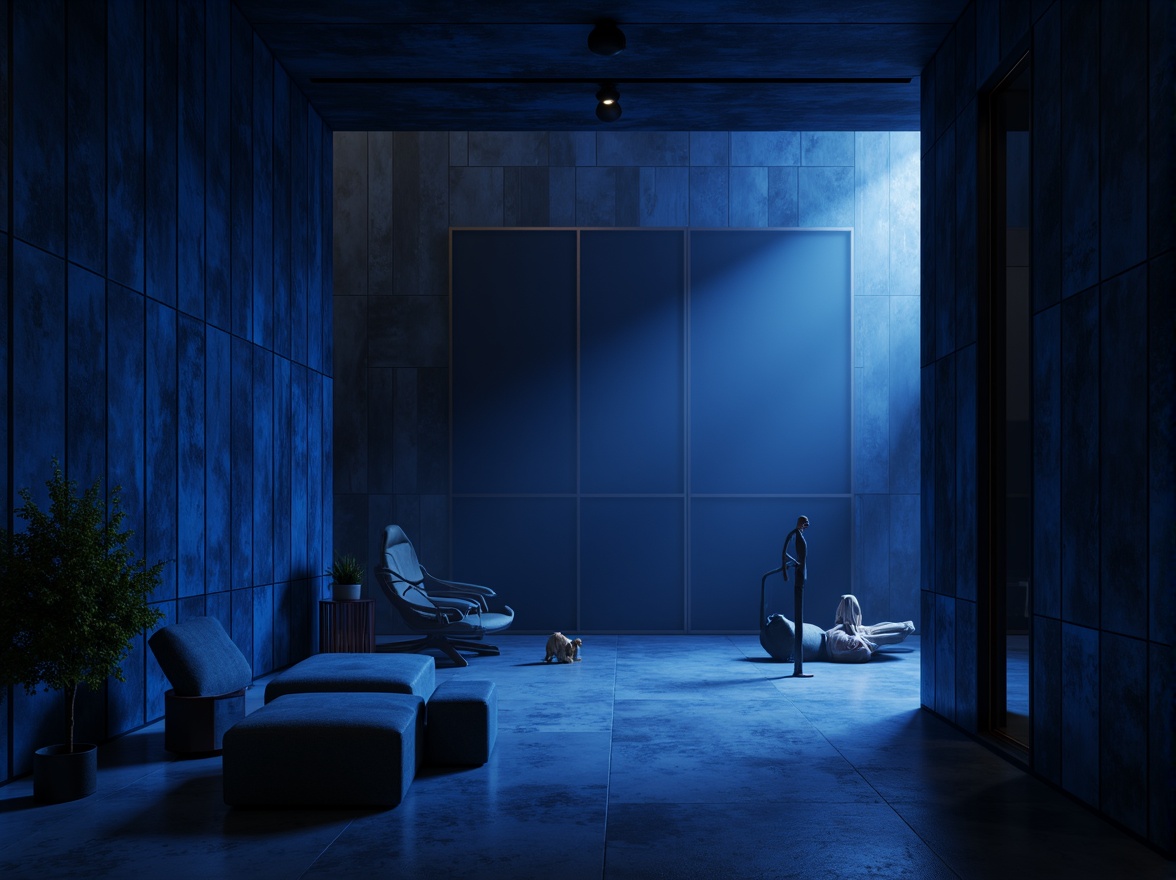 Prompt: Mysterious indigo hue, deep blue undertones, rich velvet textures, luxurious atmosphere, sophisticated architectural design, modern minimalist spaces, sleek metal accents, subtle gradient effects, moody ambient lighting, dramatic shadows, cinematic composition, 3/4 frame ratio, realistic reflections, ambient occlusion.