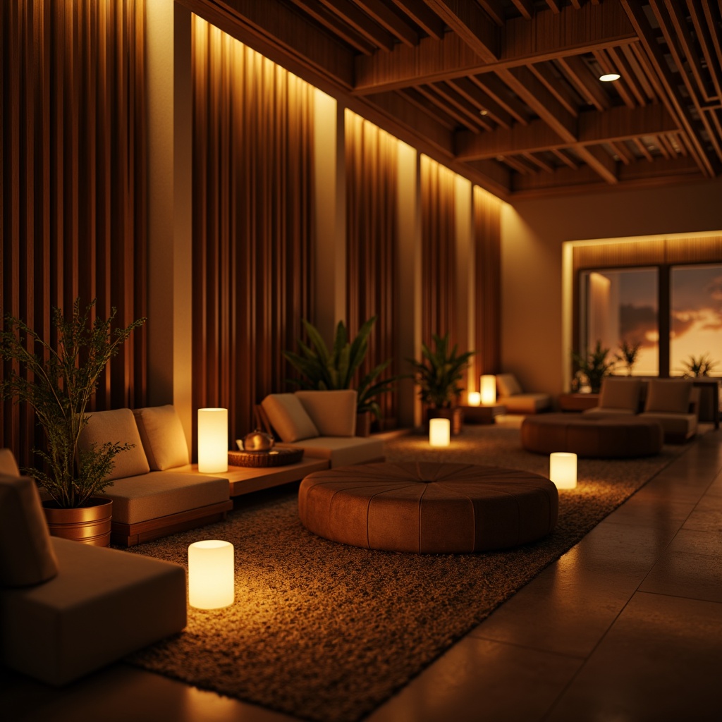 Prompt: Warm cozy atmosphere, soft glowing lamps, dimmable LED lights, cove lighting, ambient illumination, warm color temperature, comfortable seating areas, plush carpets, natural textiles, earthy tones, wooden accents, minimalist decor, calm mood, relaxing ambiance, subtle shadows, 1/2 composition, soft focus, shallow depth of field, realistic rendering.