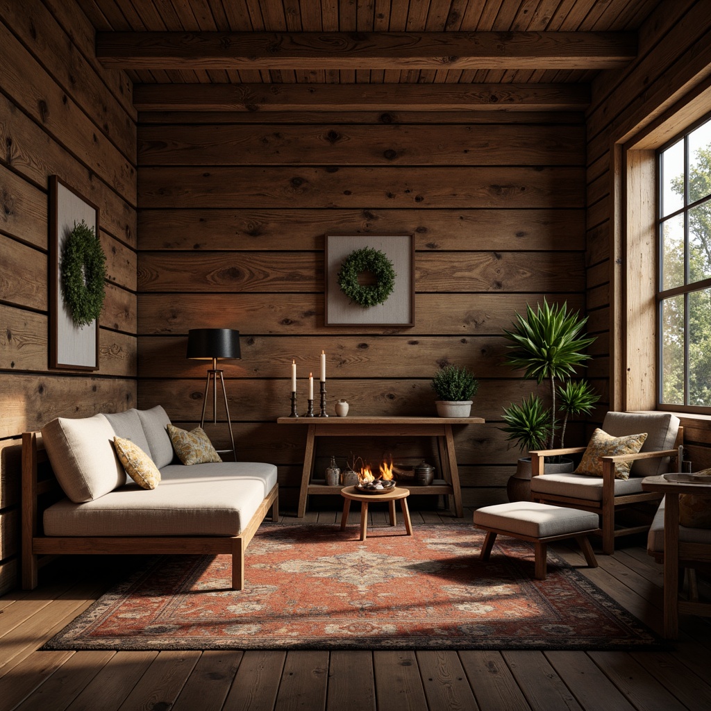 Prompt: Rustic wooden walls, distressed textures, earthy tones, natural stone accents, reclaimed wood planks, vintage metal decorations, worn brick surfaces, cozy cabin ambiance, warm candlelight, soft shadows, 1/1 composition, shallow depth of field, realistic wood grain, ambient occlusion.