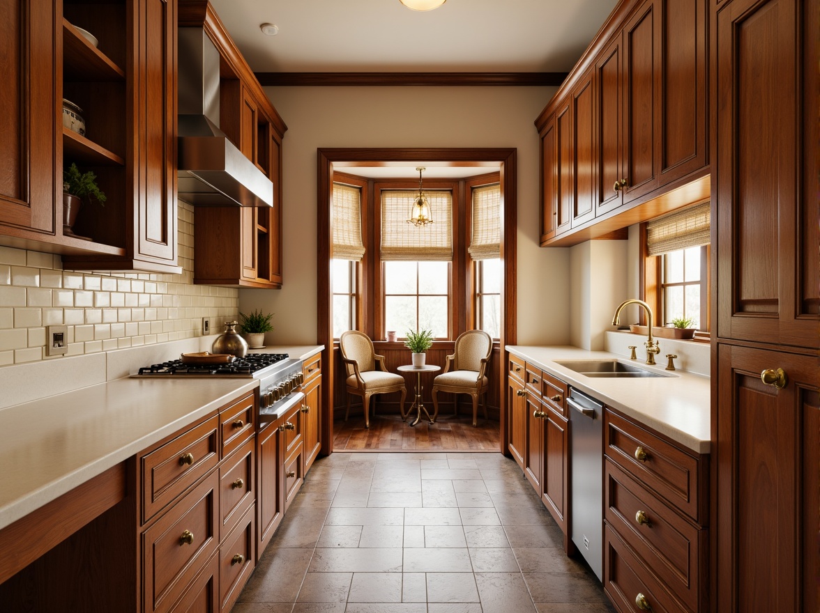 Prompt: Warm traditional kitchen, rich wood tones, ornate cabinetry, carved details, raised panels, soft-close drawers, polished brass hardware, creamy white countertops, subway tile backsplashes, classic Shaker-style doors, warm beige walls, cozy breakfast nook, natural stone flooring, soft morning light, shallow depth of field, 1/1 composition, realistic textures, ambient occlusion.