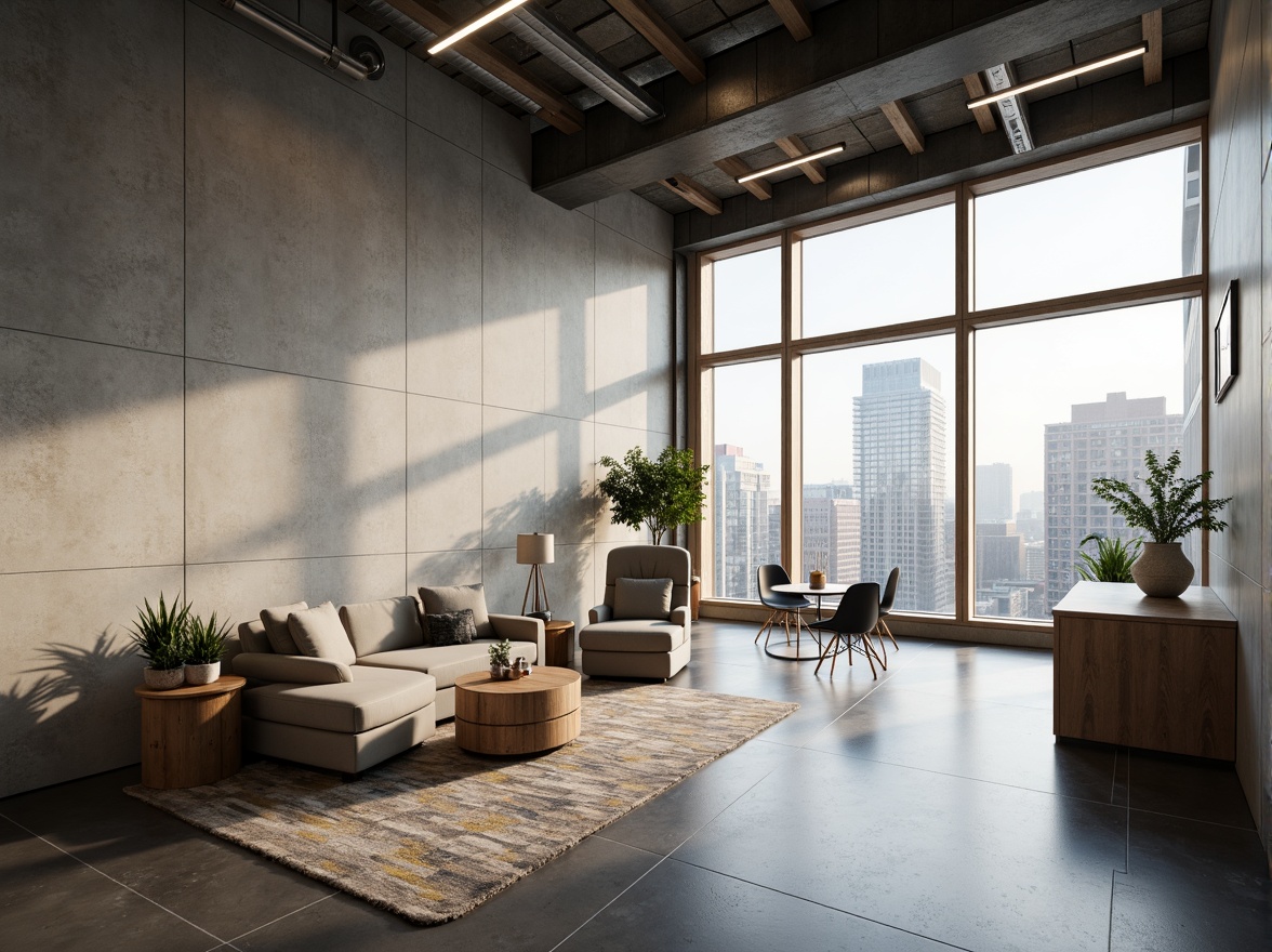 Prompt: Modern interior walls, sleek surfaces, minimalist textures, neutral color palette, subtle sheen finishes, floor-to-ceiling windows, natural light pouring in, urban cityscape views, industrial-chic exposed ductwork, polished concrete floors, geometric patterned rugs, low-profile furniture, ambient indirect lighting, 3/4 composition, shallow depth of field, realistic materials, soft warm glow.