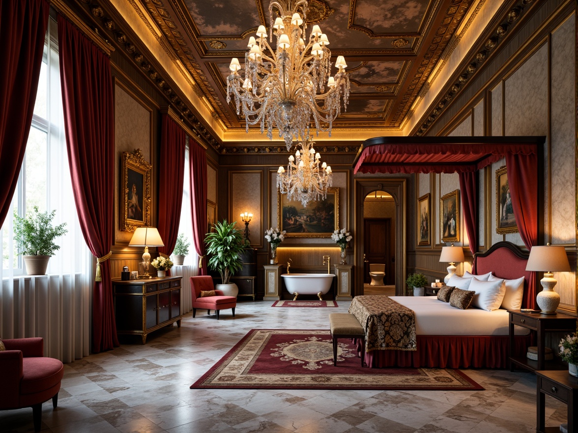 Prompt: Ornate chandeliers, lavish velvet drapes, intricately carved wooden furniture, ornamental gilded frames, marble floors, grand staircases, crystal sconces, plush area rugs, rich tapestries, antique furnishings, majestic four-poster beds, opulent bathrooms, gold-plated fixtures, Italian Renaissance-inspired architecture, soft warm lighting, 1/1 composition, shallow depth of field, realistic textures, ambient occlusion.