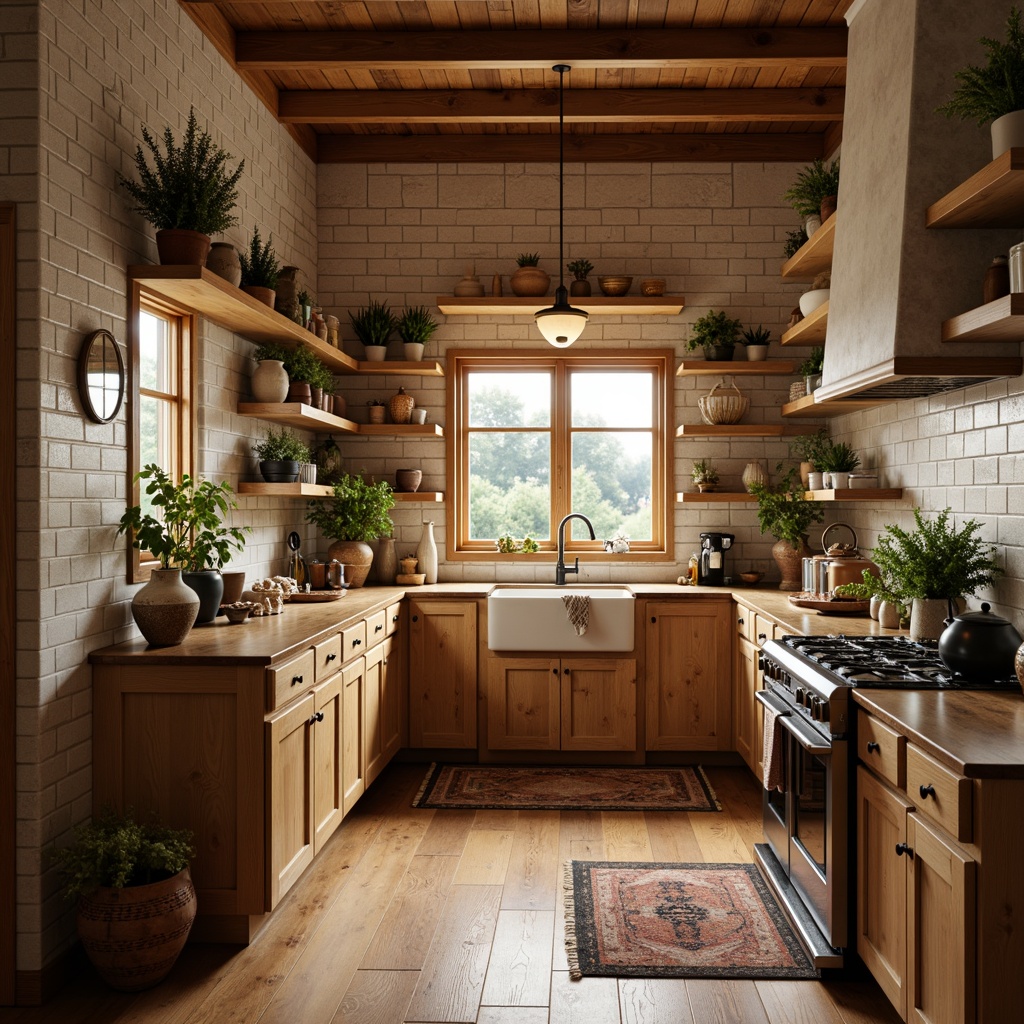 Prompt: Warm traditional kitchen, wooden cabinetry, classic subway tiles, rustic stone walls, earthy color palette, hardwood flooring, distressed wood planks, wide plank floors, herringbone pattern, light oak tones, soft warm lighting, cozy atmosphere, farmhouse sink, ornate metal fixtures, decorative ceramic accents, natural textiles, botanical patterns, 3/4 composition, shallow depth of field, realistic textures.