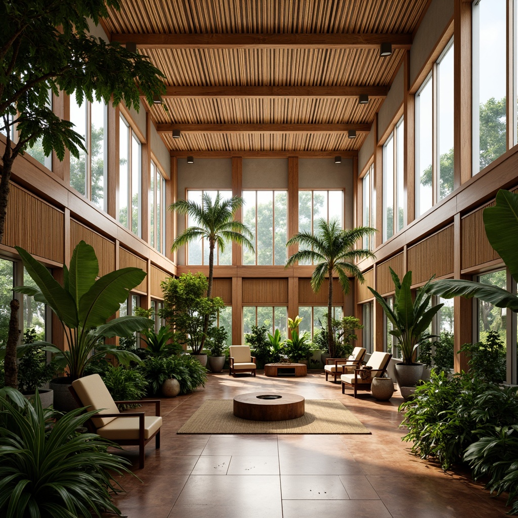 Prompt: Tropical university interior, high ceilings, large windows, natural ventilation, wooden louvers, rattan furniture, woven bamboo walls, vibrant greenery, exotic plants, warm lighting, soft shadows, 3/4 composition, shallow depth of field, realistic textures, ambient occlusion, earthy tones, natural materials, open spaces, communal areas, cozy nooks, comfortable seating, decorative fans, air conditioning units, modern fixtures, minimalist decor.