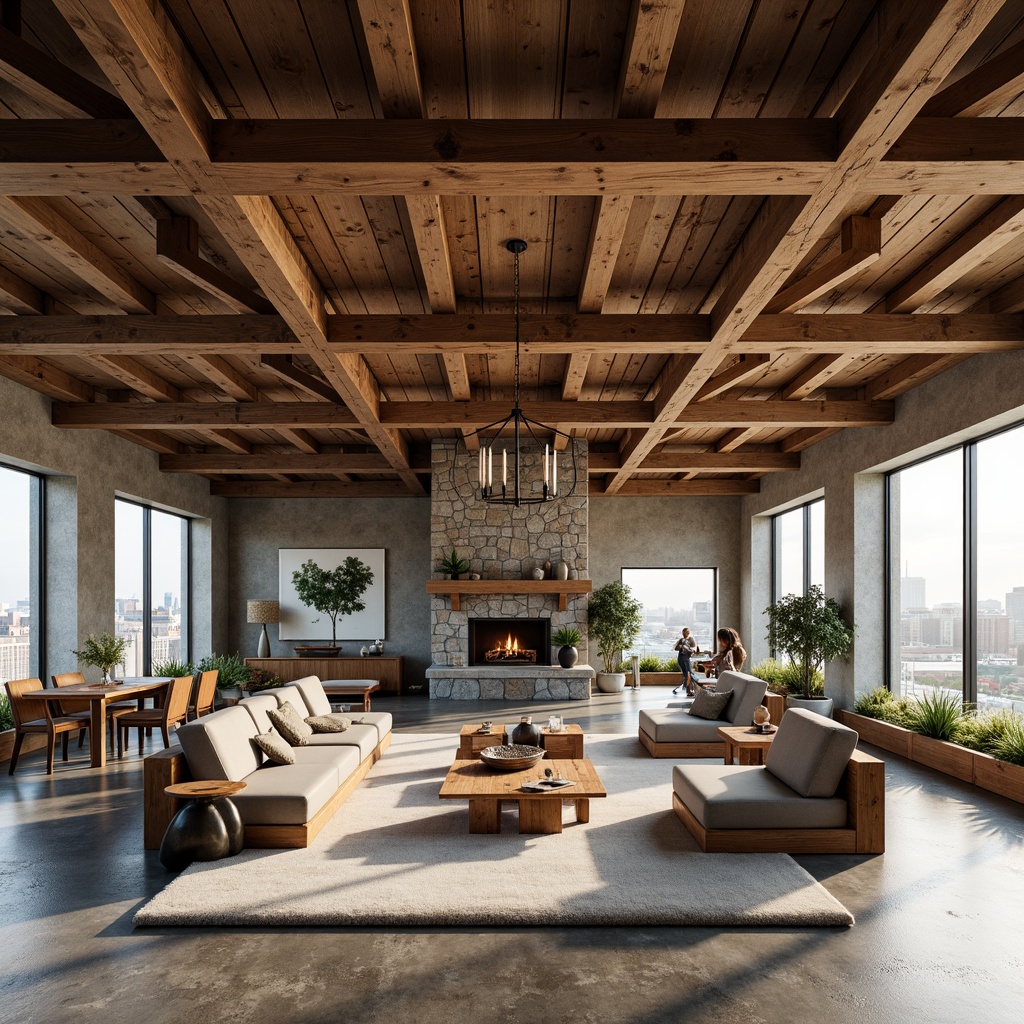 Prompt: Rustic wooden beams, natural textures, earthy tones, industrial chic, urban loft, open-plan living, modern minimalism, steel accents, polished concrete floors, floor-to-ceiling windows, abundant natural light, warm cozy atmosphere, soft diffused lighting, 1/1 composition, symmetrical framing, high-contrast colors, realistic rendering.