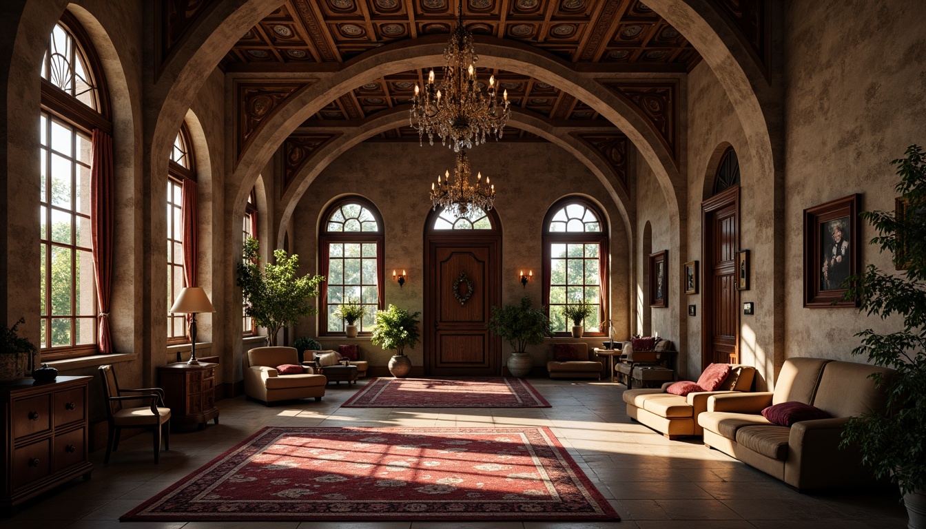 Prompt: Grandiose archways, intricately carved stonework, vaulted ceilings, stained glass windows, ornate wooden doors, luxurious velvet drapes, majestic chandeliers, richly patterned rugs, antique furnishings, mysterious ambiance, dramatic shadows, warm golden lighting, 1/1 composition, symmetrical framing, realistic textures, ambient occlusion.