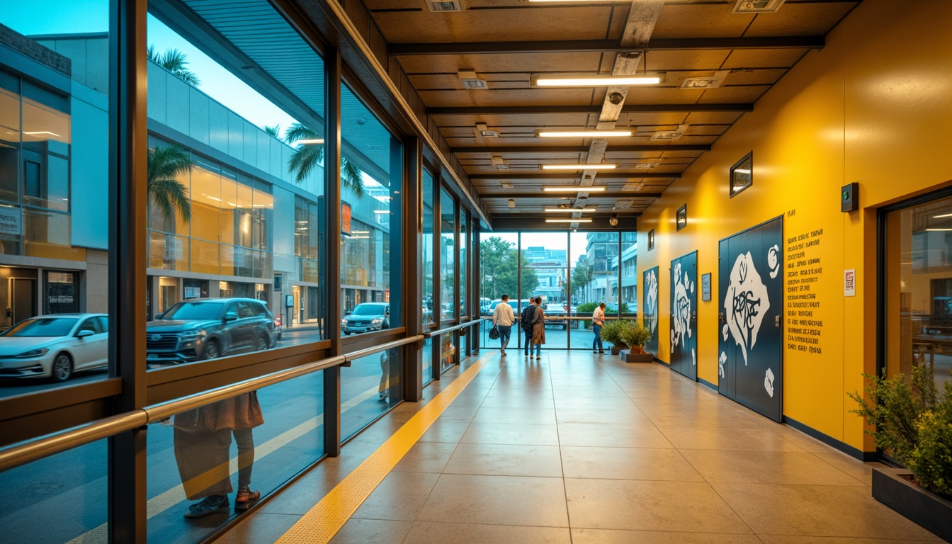 Prompt: Vibrant bus station interior, bold primary colors, bright yellow accents, calming blue tones, warm beige walls, polished metal handrails, durable industrial flooring, modern LED lighting, sleek glass partitions, urban graffiti art, bustling city atmosphere, shallow depth of field, 1/1 composition, realistic textures, ambient occlusion.