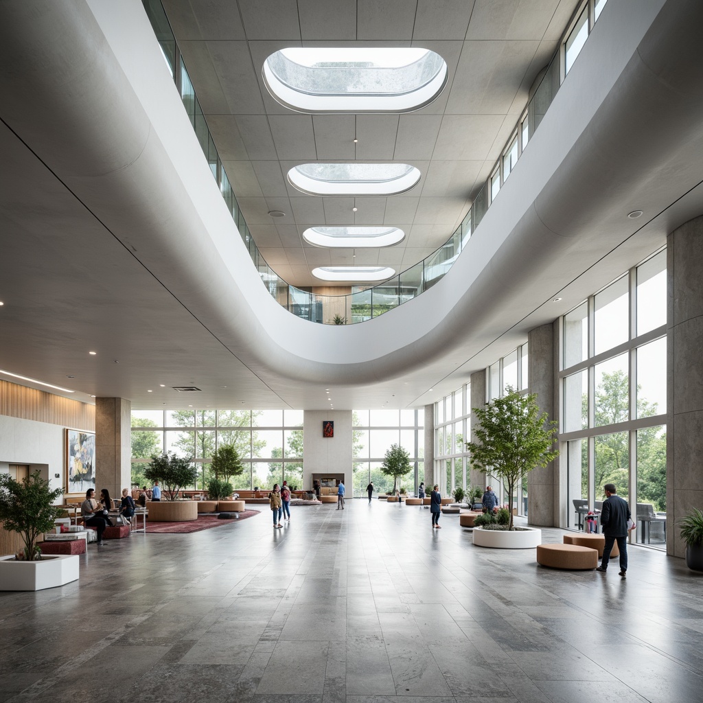 Prompt: Sleek public administration building, curved lines, minimal ornamentation, polished chrome accents, marble floors, open spaces, natural light, floor-to-ceiling windows, simple furniture, geometric shapes, monochromatic color scheme, subtle textures, ambient lighting, 1/1 composition, shallow depth of field, realistic render.