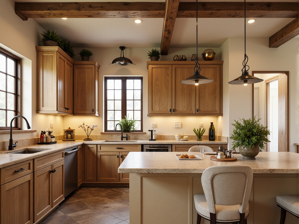 Prompt: Elegant kitchen, warm beige countertops, rich wood cabinetry, ornate metal hardware, soft cream-colored walls, traditional English country style, rustic wooden beams, cozy breakfast nook, pendant lighting fixtures, polished chrome faucets, earthy tone ceramic tiles, subtle texture variation, shallow depth of field, 1/1 composition, softbox lighting, realistic reflections.