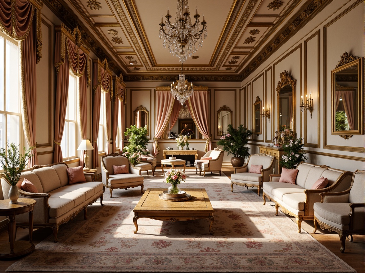 Prompt: Opulent Rococo-style mansion, intricately carved wooden furniture, gilded details, velvet upholstery, ornate mirrors, crystal chandeliers, lavish drapery, soft pastel colors, delicate floral patterns, curved lines, romantic ambiance, warm golden lighting, shallow depth of field, 1/1 composition, detailed textures, ambient occlusion.