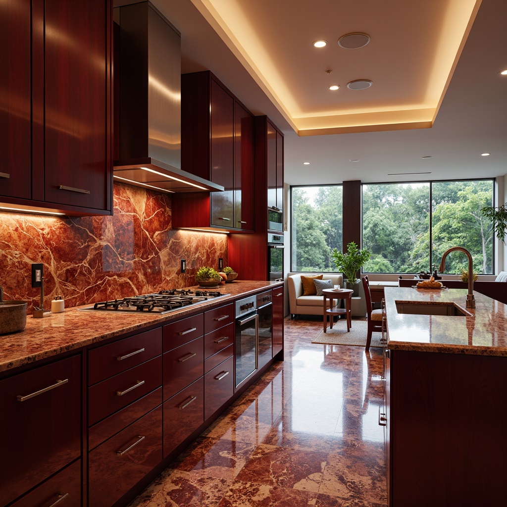 Prompt: Luxurious burgundy kitchen, marble countertops, rich wooden cabinetry, polished chrome fixtures, sleek modern appliances, ambient LED lighting, spacious open-plan living area, high-gloss flooring, sophisticated color palette, elegant curves, refined textures, realistic reflections, shallow depth of field, 1/1 composition, warm afternoon light, soft focus, intricate veining patterns.