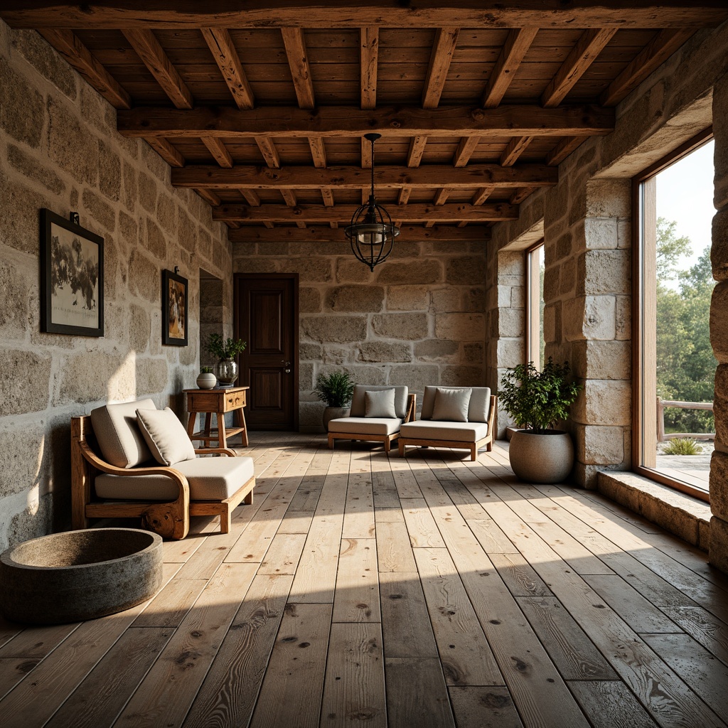 Prompt: Rustic farmhouse, distressed wood floors, reclaimed barn planks, weathered wooden beams, vintage metal accents, earthy color palette, natural textures, worn stone walls, cozy atmosphere, warm soft lighting, shallow depth of field, 1/1 composition, realistic wood grains, ambient occlusion.