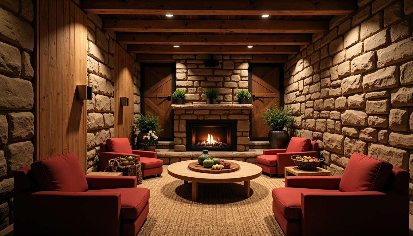 Prompt: Rustic cinema interior, earthy tone color palette, natural stone walls, reclaimed wood accents, wooden beam ceilings, cozy fireplace, plush velvet seats, woven wicker furniture, jute rug, earthy scent, warm soft lighting, shallow depth of field, 1/1 composition, intimate atmosphere, organic textures, ambient occlusion.