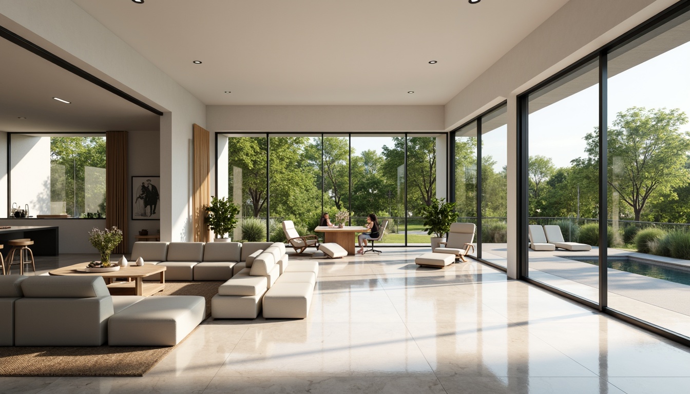 Prompt: Minimalist interior, abundant natural light, airy atmosphere, spacious living areas, sleek modern furniture, polished marble floors, expansive glass windows, sliding doors, seamless transitions, indoor-outdoor connections, lush greenery views, sunny days, warm soft lighting, shallow depth of field, 3/4 composition, panoramic view, realistic textures, ambient occlusion.