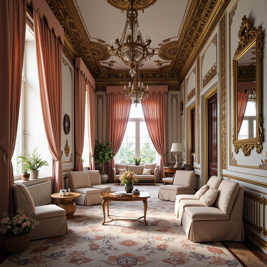 Prompt: Ornate Rococo-style interior, lavish furnishings, intricately carved wooden accents, soft golden lighting, ornamental mirrors, luxurious velvet fabrics, rich jewel-toned colors, pastel pink hues, pale blue shades, creamy whites, warm beige tones, subtle sheen, delicate florals, whimsical patterns, elegant curves, refined lines, opulent drapery, majestic chandeliers, lavish decorative trim, intricate molding details, romantic ambiance, soft focus, warm color temperature, high contrast ratio, 1/2 composition, atmospheric perspective.