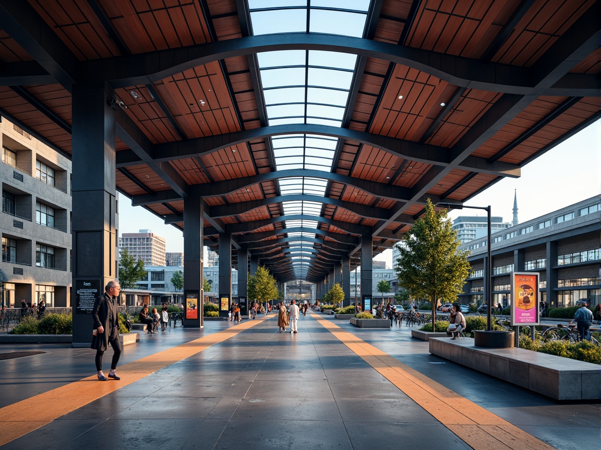 Prompt: Modern bus station, sleek metal frameworks, energy-efficient LED lighting, vibrant colored accents, dynamic signage systems, real-time information displays, comfortable waiting areas, durable floor materials, cantilevered roofs, ample natural light, soft warm ambiance, shallow depth of field, 3/4 composition, panoramic view, realistic textures, ambient occlusion.