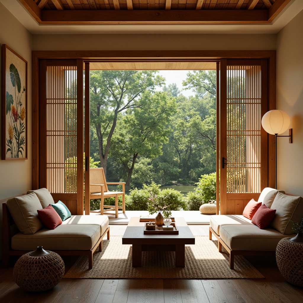 Prompt: Serenely lit sunroom, Asian-inspired decor, natural wood accents, sliding glass doors, lush greenery views, comfortable low-seating sofas, vibrant silk throw pillows, intricately carved wooden coffee tables, woven bamboo rugs, delicate paper lanterns, warm beige walls, minimalist decorative screens, elegant floor lamps, soft diffused lighting, 1/2 composition, intimate atmosphere, realistic wood textures, ambient occlusion.