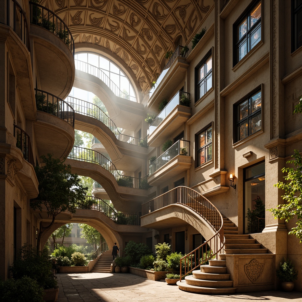 Prompt: Intricate stone carvings, flowing organic forms, sinuous metalwork, ornate facades, grand entranceways, twisting staircases, lavish balconies, botanical motifs, stained glass windows, iridescent colors, warm golden lighting, shallow depth of field, 1/2 composition, low-angle shot, dramatic shadows, rich textures, atmospheric mist.