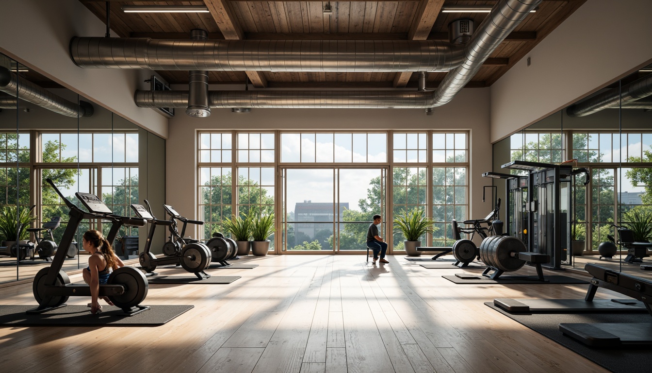 Prompt: Well-lit gym interior, high ceilings, ventilation ducts, air purification systems, natural airflow, large windows, transparent glass doors, mirrored walls, polished wooden floors, modern fitness equipment, free weights, exercise machines, yoga mats, calm atmosphere, soft ambient lighting, shallow depth of field, 1/1 composition, realistic textures, ambient occlusion.