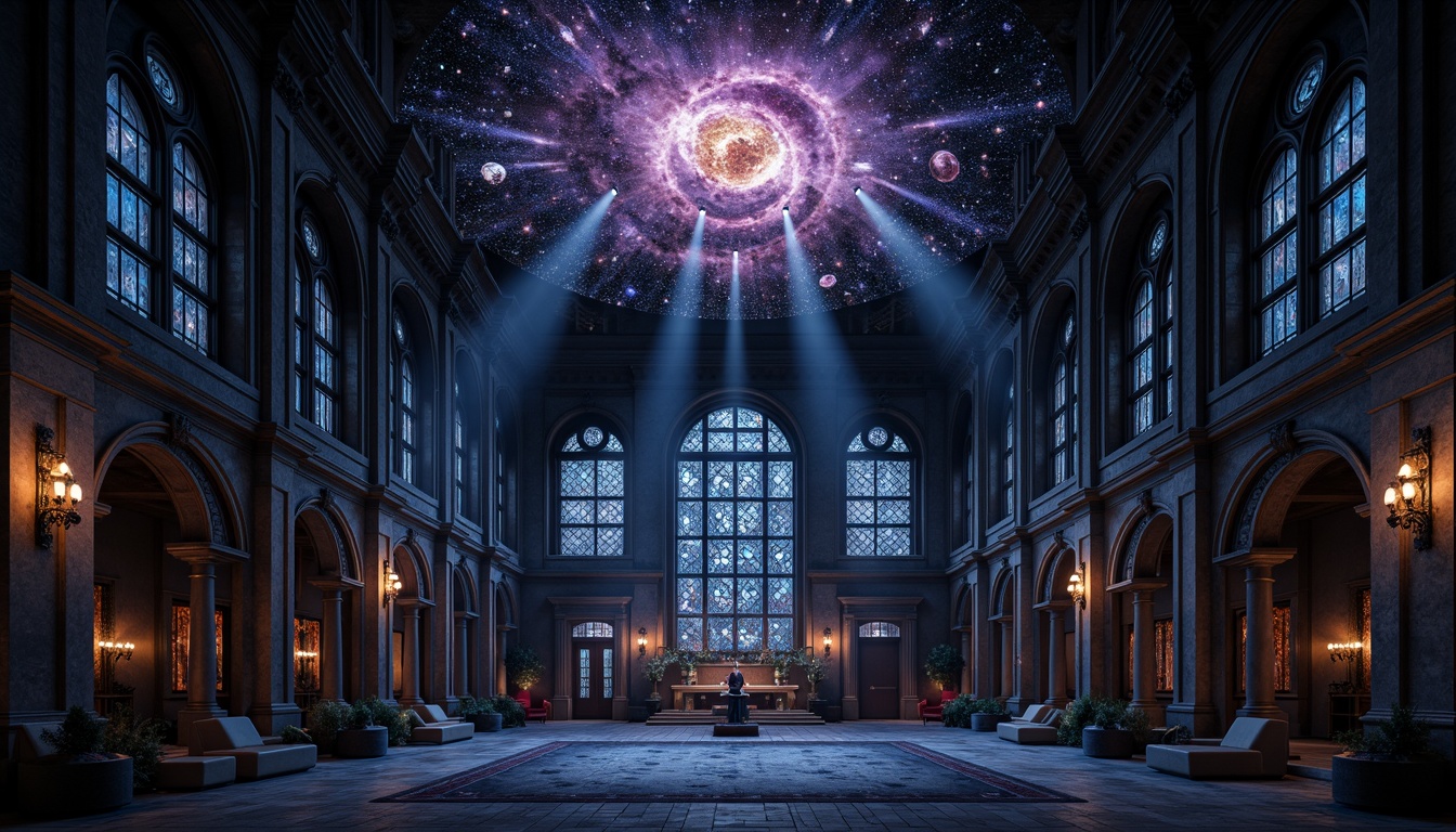 Prompt: \Dark mysterious planetarium, gothic architecture, celestial bodies, starry night sky, deep blues, rich purples, metallic silvers, ominous blacks, eerie red accents, ornate stone carvings, grandiose vaulted ceilings, intricate stained glass windows, dim warm lighting, atmospheric fog effects, cinematic shallow focus, symmetrical composition, mystical ambient textures, 3D rendered celestial maps.\