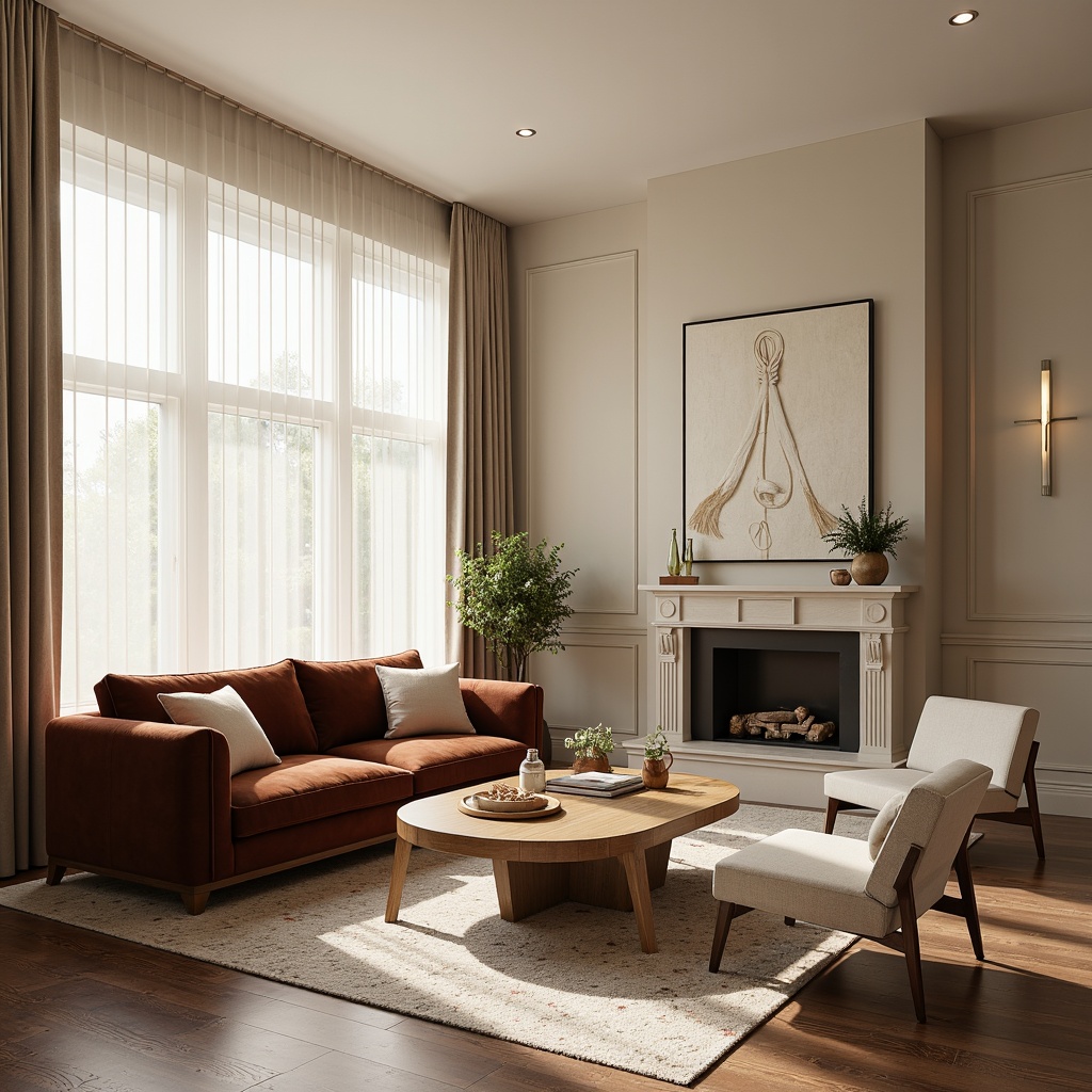 Prompt: Elegant living room, luxurious velvet sofa, wooden coffee table, modern minimalist chairs, floor-to-ceiling windows, natural light pouring in, soft cream curtains, subtle patterned rug, warm beige walls, Scandinavian-inspired decor, metallic accents, ambient lighting, shallow depth of field, 3/4 composition, realistic textures.