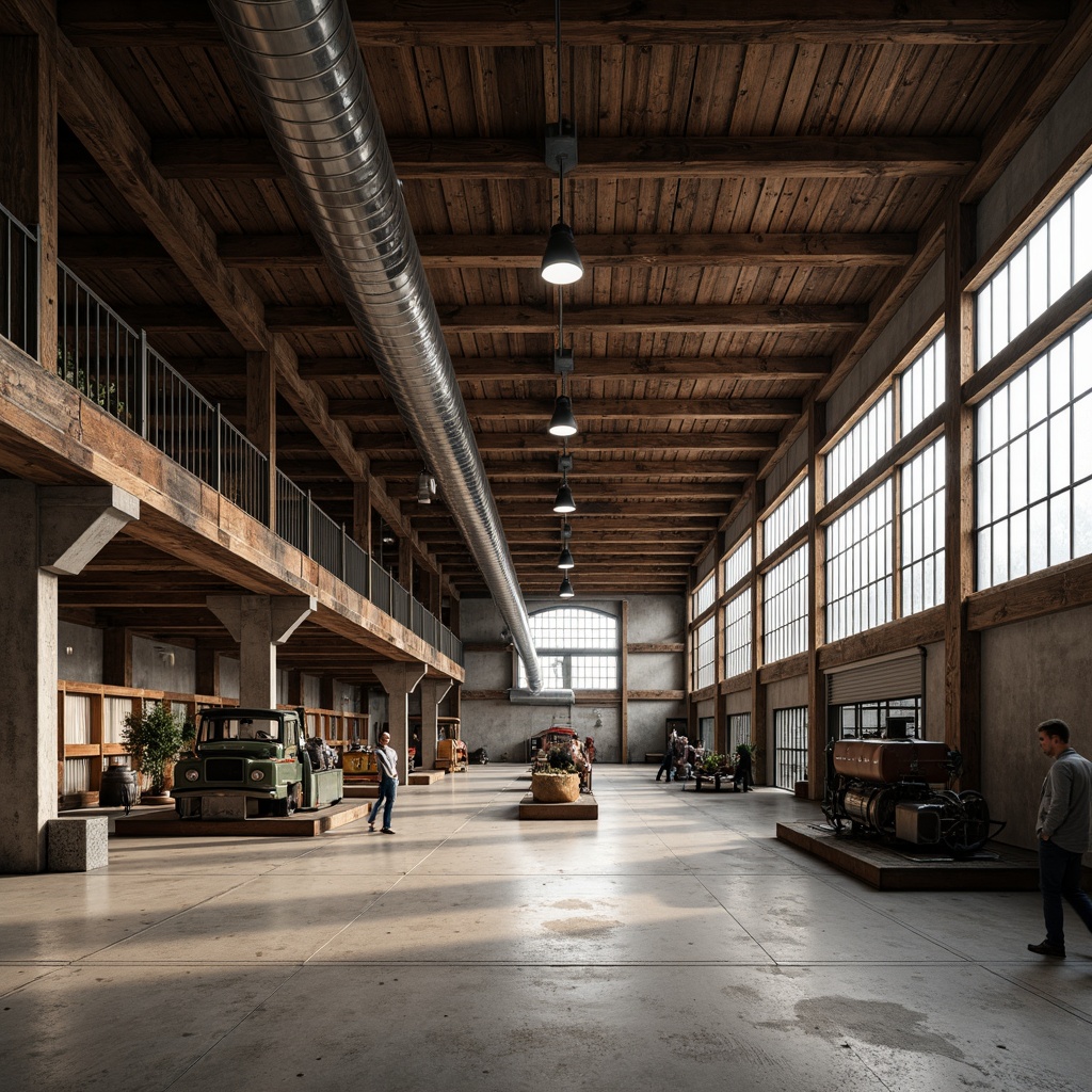 Prompt: Warehouse industrial interior, exposed beams, rough-hewn wood textures, metal ductwork, concrete floors, industrial lighting fixtures, urban loft atmosphere, high ceilings, open spaces, minimalist decor, reclaimed wood accents, steel windows, distressed brick walls, vintage factory machinery, atmospheric softbox lighting, 1/2 composition, realistic shadows, detailed normal maps.