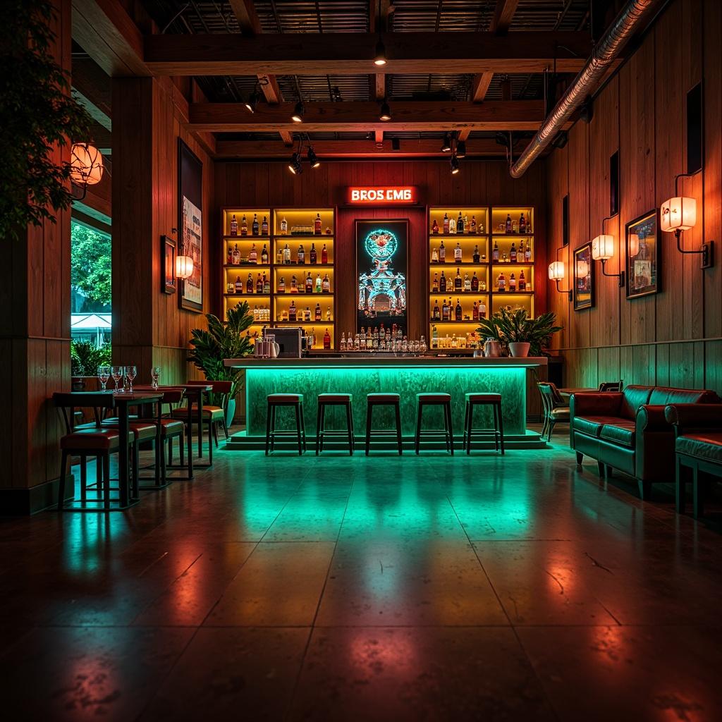 Prompt: Luxurious home bar, rich wood tones, sleek metallic accents, vibrant neon signs, bold color scheme, deep blues, emerald greens, warm golden lighting, sophisticated atmosphere, modern minimalist design, clean lines, geometric patterns, urban loft style, industrial chic decor, rustic wooden textures, soft ambient glow, dramatic shadowing, 3/4 composition, cinematic lighting, realistic reflections.