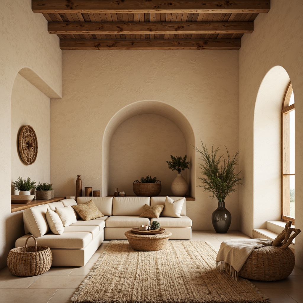 Prompt: Warm beige walls, soft cream textures, natural wood accents, rustic stone cladding, cozy nooks, plush area rugs, ambient warm lighting, creamy whites, earthy tones, organic shapes, woven baskets, vintage decorative items, distressed wooden furniture, comfortable reading nooks, relaxing atmosphere, intimate settings, calming color palette, soothing ambiance.