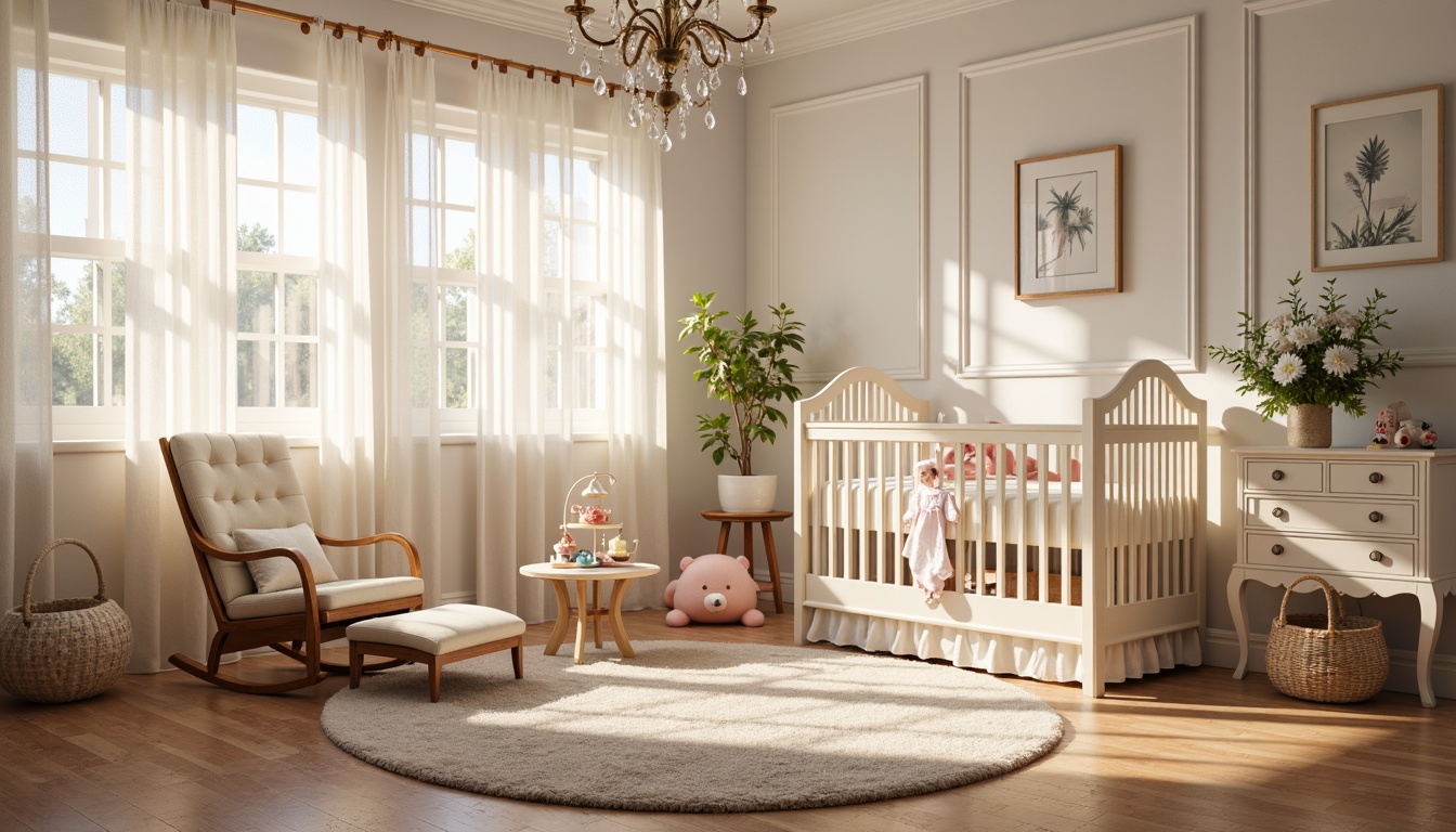 Prompt: Whimsical nursery, soft pastel colors, delicate florals, lace curtains, plush area rug, crib with intricate carvings, rocking chair with upholstery, vintage-inspired mobiles, creamy white furniture, crystal chandelier, sheer drapes, natural wood accents, woven baskets, cuddly toys, warm golden lighting, shallow depth of field, 1/1 composition, intimate atmosphere, realistic textures, ambient occlusion.