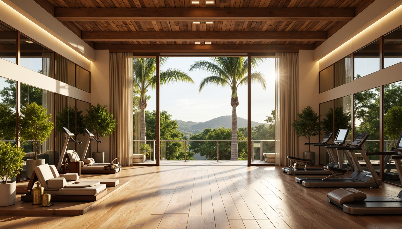 Prompt: Tropical home gym, natural wood flooring, minimalist decor, floor-to-ceiling windows, sliding glass doors, lush greenery views, warm beige walls, modern fitness equipment, free weights, exercise machines, mirrored walls, softbox lighting, warm white LED lights, pendant lamps, high ceilings, open space, refreshing ambiance, bright sunny day, shallow depth of field, 1/1 composition, realistic textures, ambient occlusion.